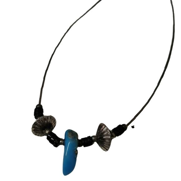 1970s Sterling Silver Liquid Beads Turquoise Stone Statement Boho Necklace - Picture 2 of 3